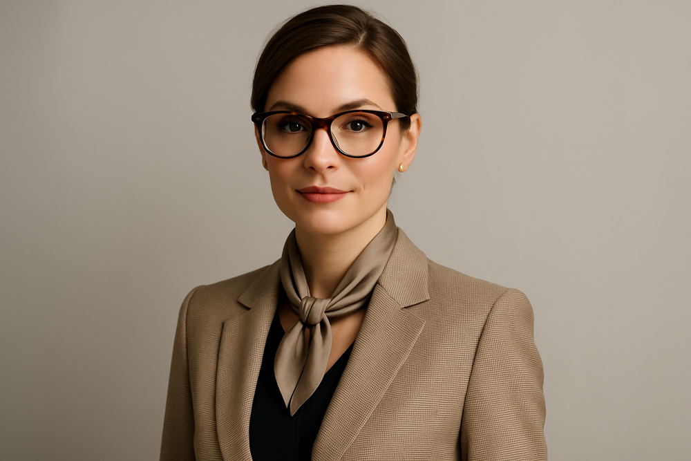 A woman neatly dressed sporting glasses portrait. great fashion sense